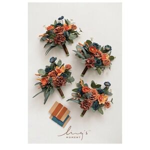 Ling's moment Artificial Flowers Teal and Orange Bridesmaid Bouquet Set of 4